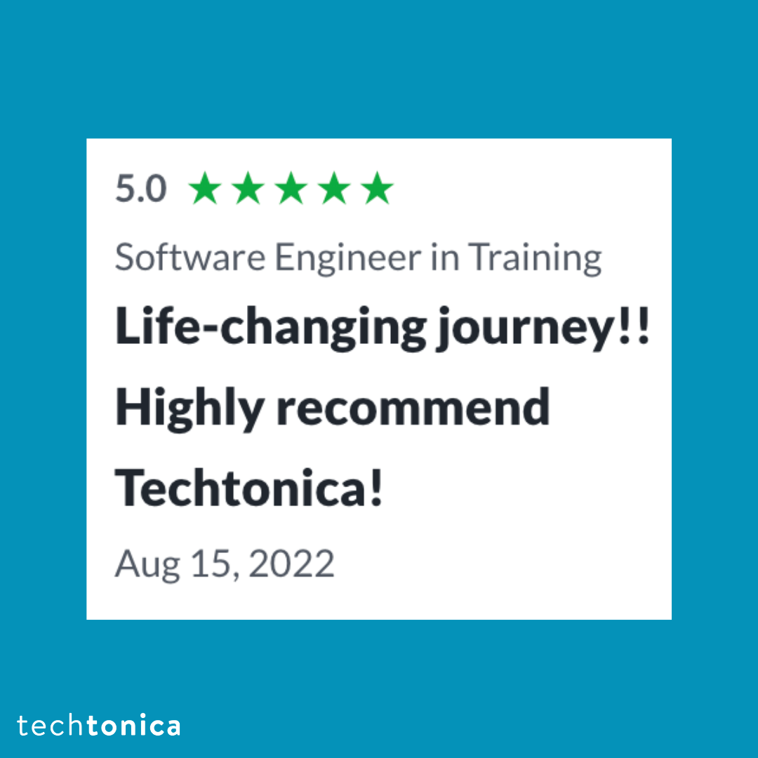 5-star Glassdoor review calling Techtonica a life-changing journey and recommending others to join.