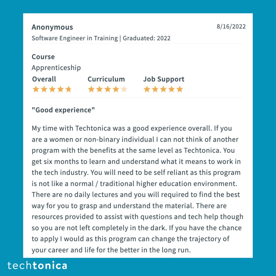 Glassdoor Review highlighting Techtonica's benefits for women and non-binary folks and its ability to change lives.
