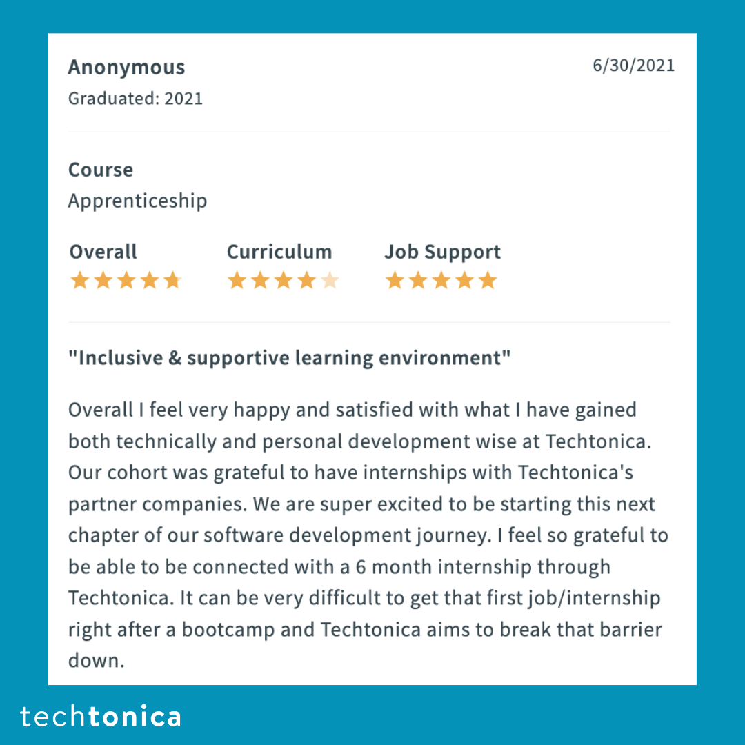 Glassdoor review praising Techtonica’s inclusive, supportive environment and valuable internship opportunities.