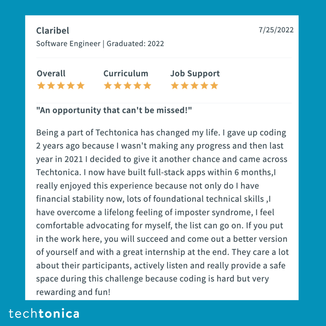 Review of Techtonica by Claribel praising the 5-star program for its technical skills, mentorship, stipends, and community.