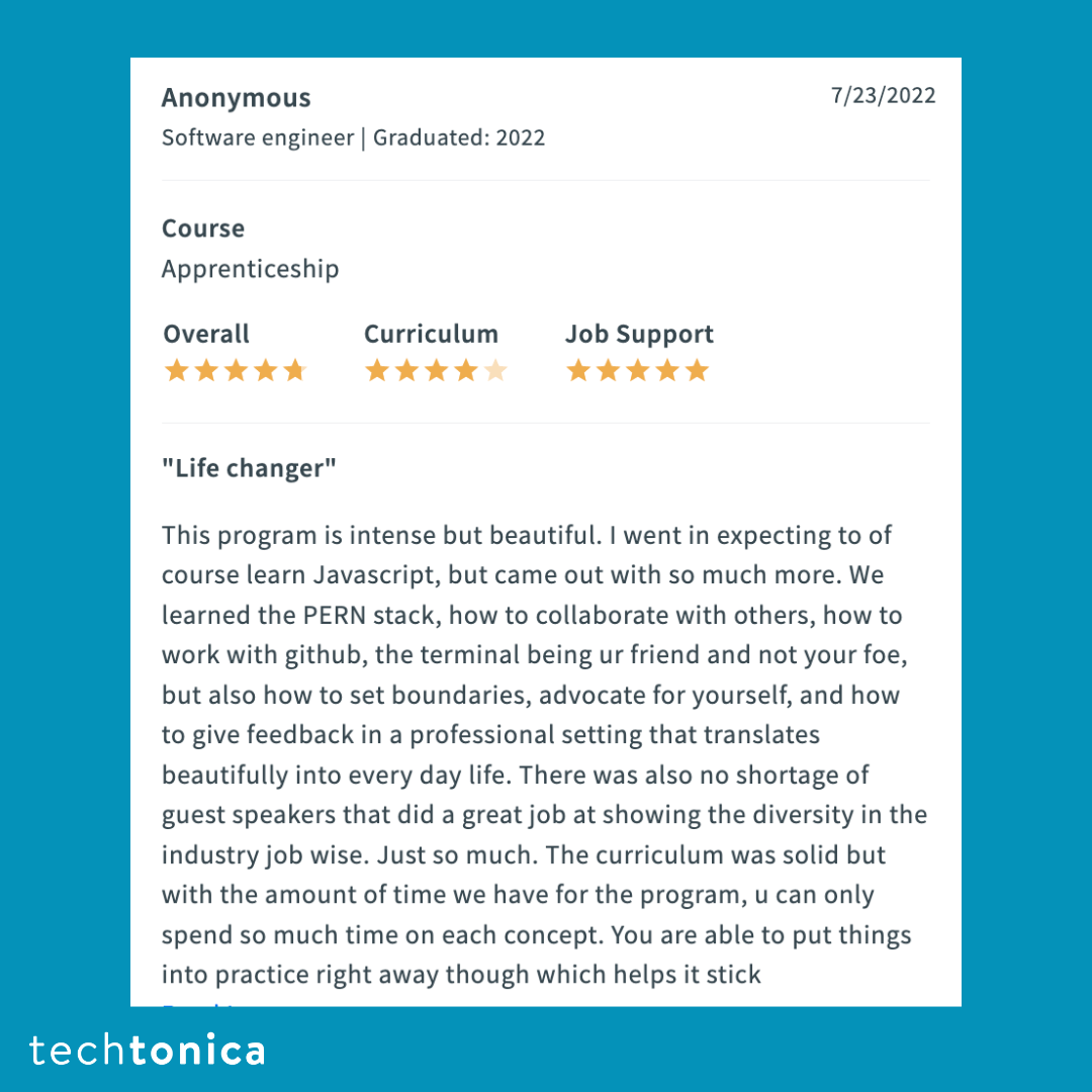 Glassdoor review highlighting Techtonica's curriculum, and focus on personal and professional development and collaboration.