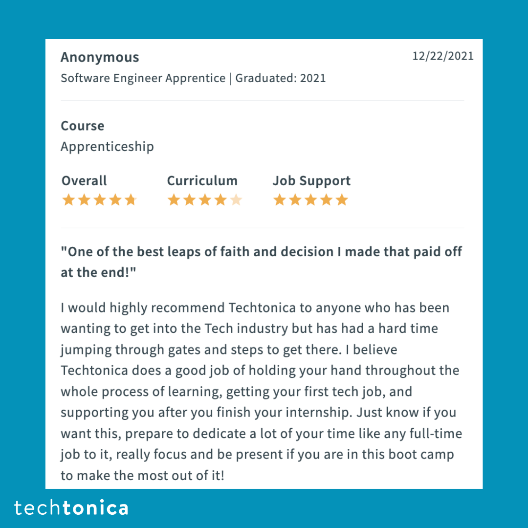 Glassdoor review praising Techtonica as a great decision for its support throughout learning, job placement, and internships.