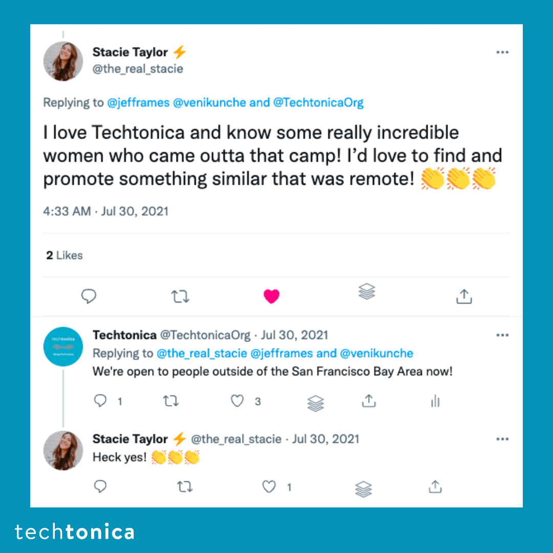 Tweet praising Techtonica, mentioning incredible graduates, and expressing interest in similar remote programs.