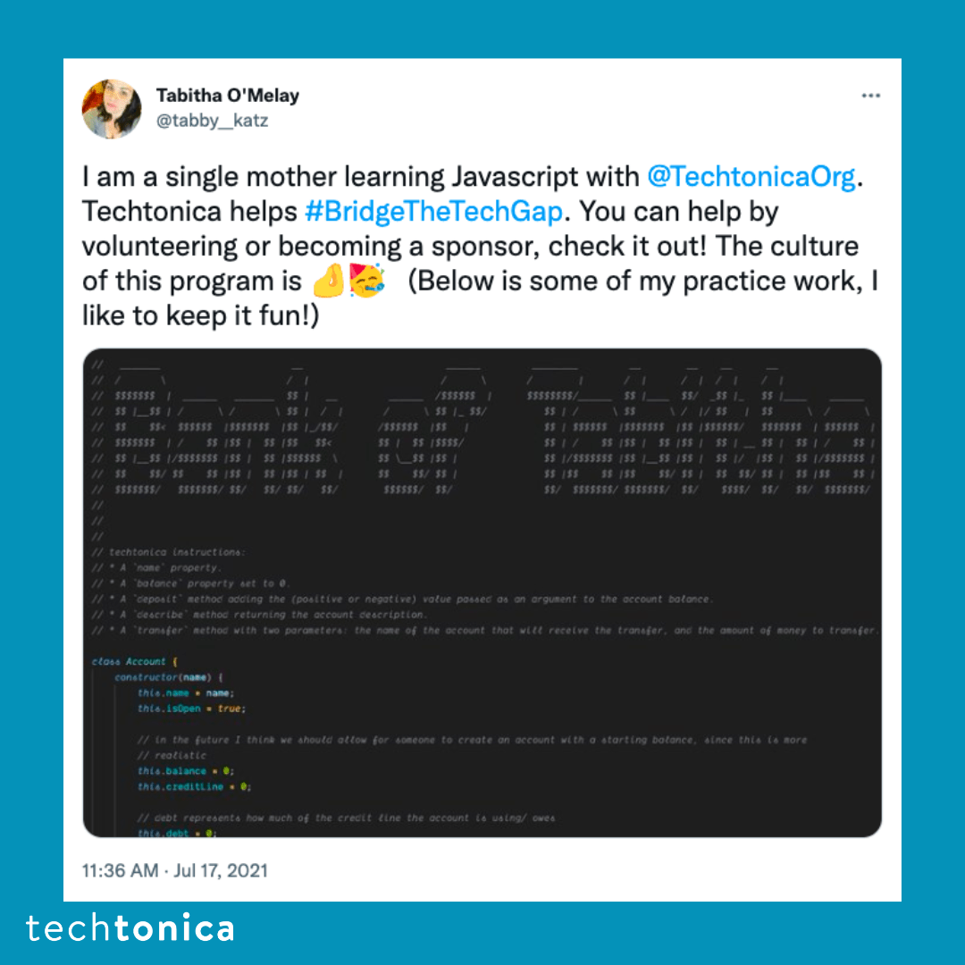 Tweet from a single mother, highlighting how Techtonica provides support. Includes a screenshot of their code.
