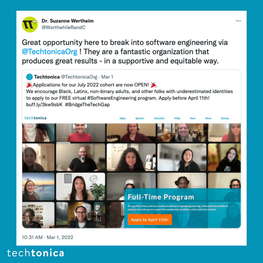 Quote tweet praising Techtonica as a fantastic tech organization that produces results in a supportive and equitable way.
