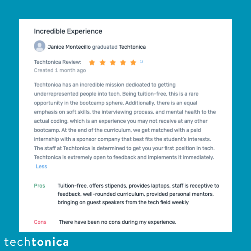 Review by Janice Montecillo noting that Techtonica is supportive and tuition-free with a great curriculum and internships.