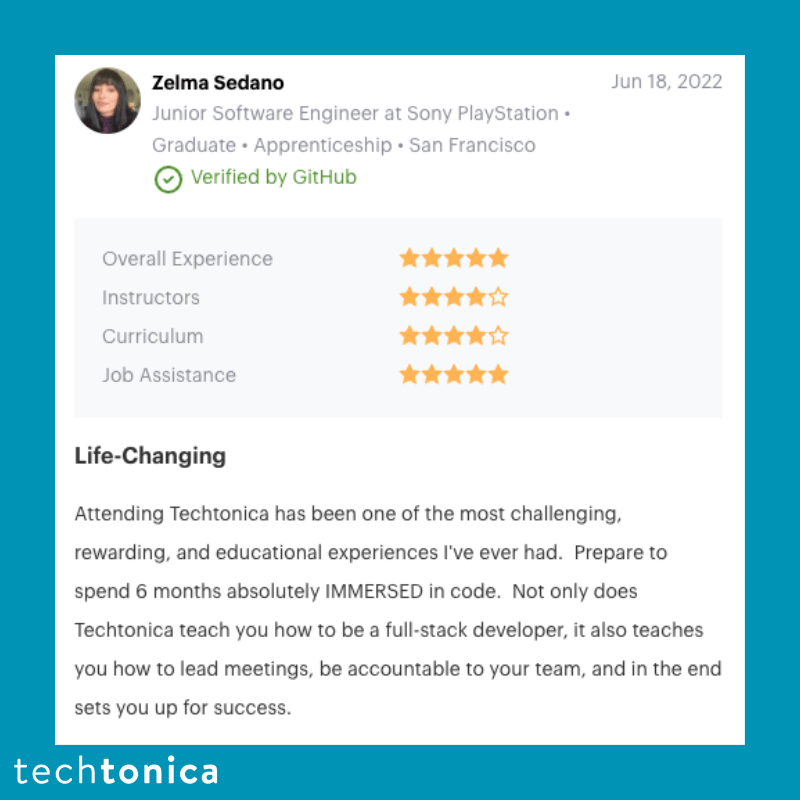 5-star CourseReport review by Zelma Sedano noting Techtonica's immersive full-stack training and building leadership skills.