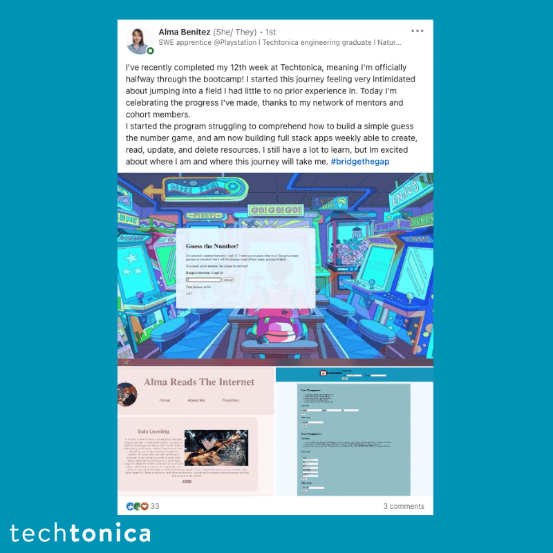 LinkedIn post by Alma Benitez halfway through Techtonica bootcamp, starting from a simple game to building full-stack apps.