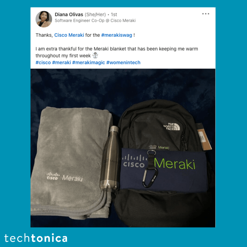 LinkedIn post by Diana Olivas after the first week at Cisco Meraki, thanks to Techtonica.