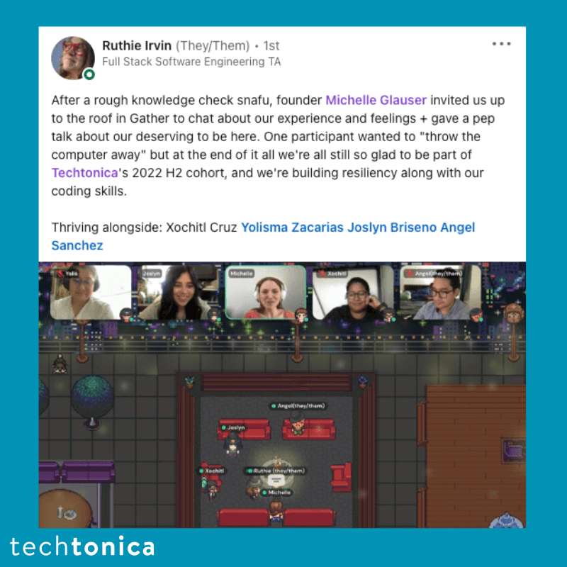 LinkedIn post by Ruthie Irvin reflecting on a tough moment and Techtonica's support, building resiliency with their cohort.