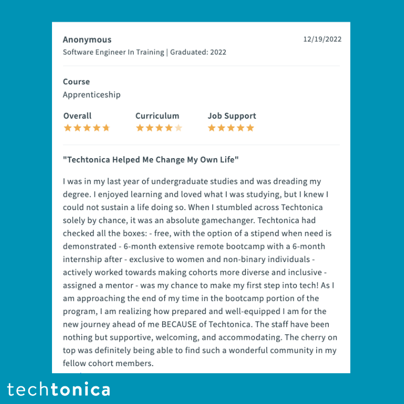 SwitchUp review praising Techtonica for being a free, inclusive 6-month bootcamp with mentorship, internship, and support.