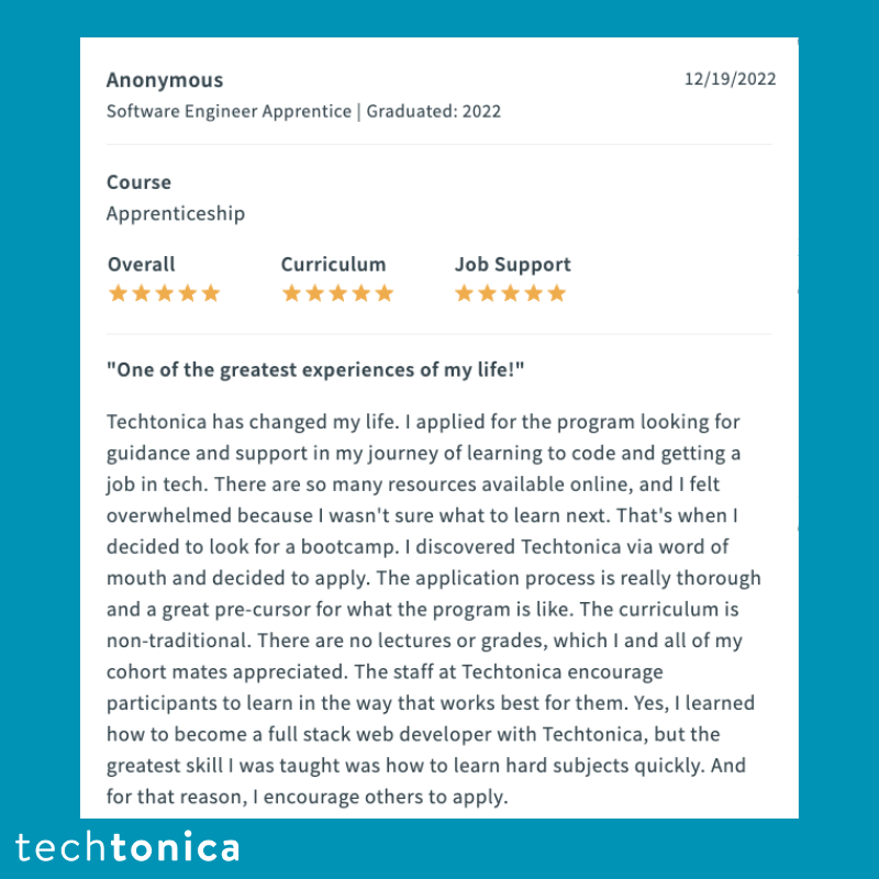 5-star SwitchUp review praising Techtonica as life-changing with a non-traditional curriculum, great staff, and job support.