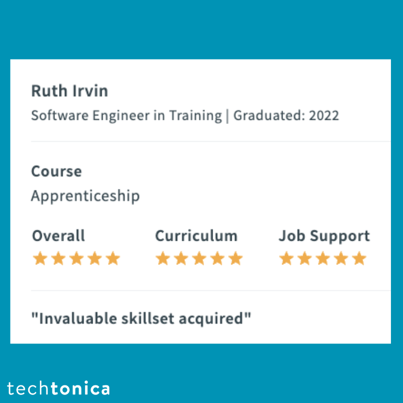 Ruthie Irvin's 5-star SwitchUp review expressing gratitude for the invaluable skillset gained through the Techtonica program.