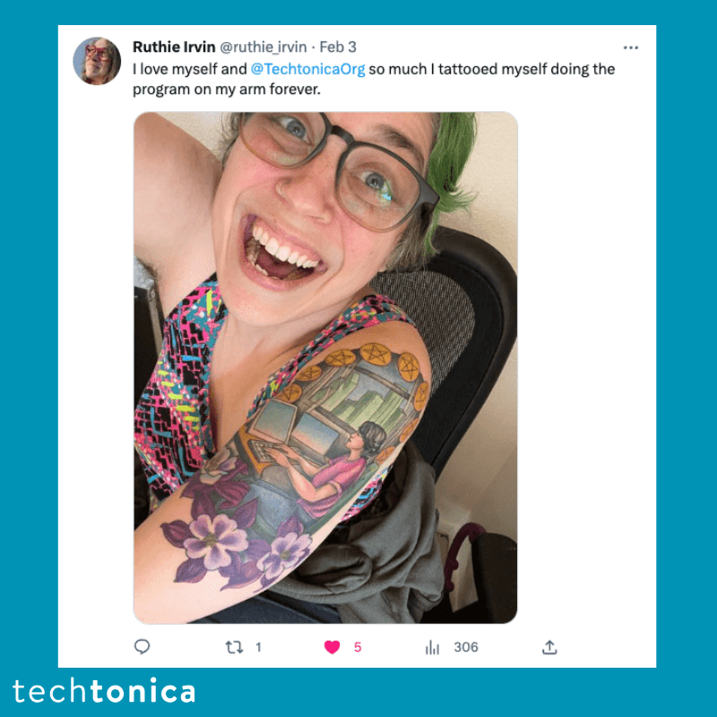 Twitter post by Ruthie Irvin expressing their love for Techtonica with a tattoo of themselves doing the program on their arm.